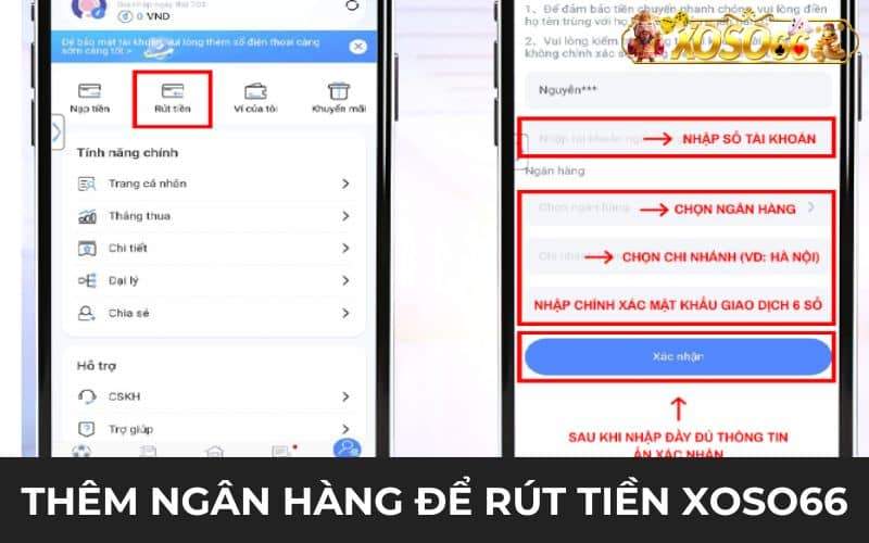 Thêm ngân hàng trước khi thực hiện rút tiền XOSO66