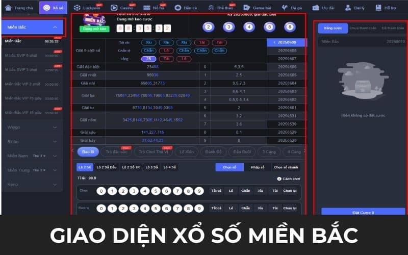 Giao diện đặt cược xổ số miền Bắc