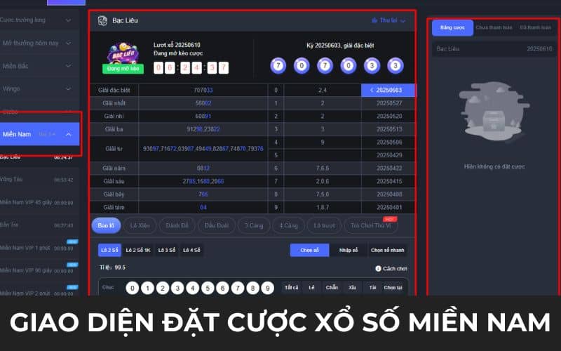 Giao diện đặt cược xổ số miền Nam