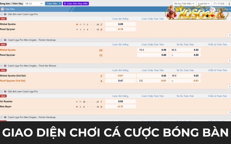 Giao diện khi đặt cược bóng bàn tại thể thao XOSO66